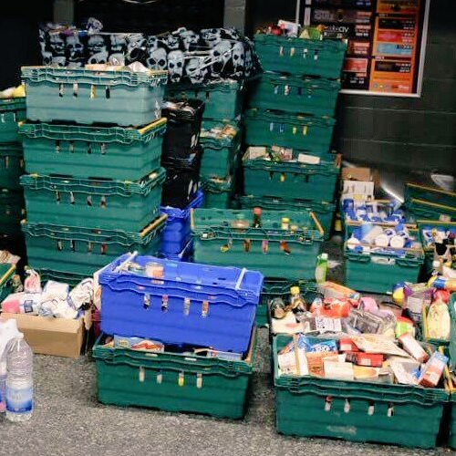 Stacked boxes of collected food